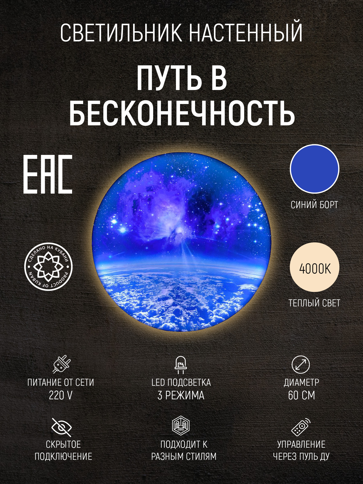 Светильиник настенный круглый Путь в Бесконечность (Светильиник настенный круглый Путь в Бесконечность 600 мм Синий борт Теплая подсветка)